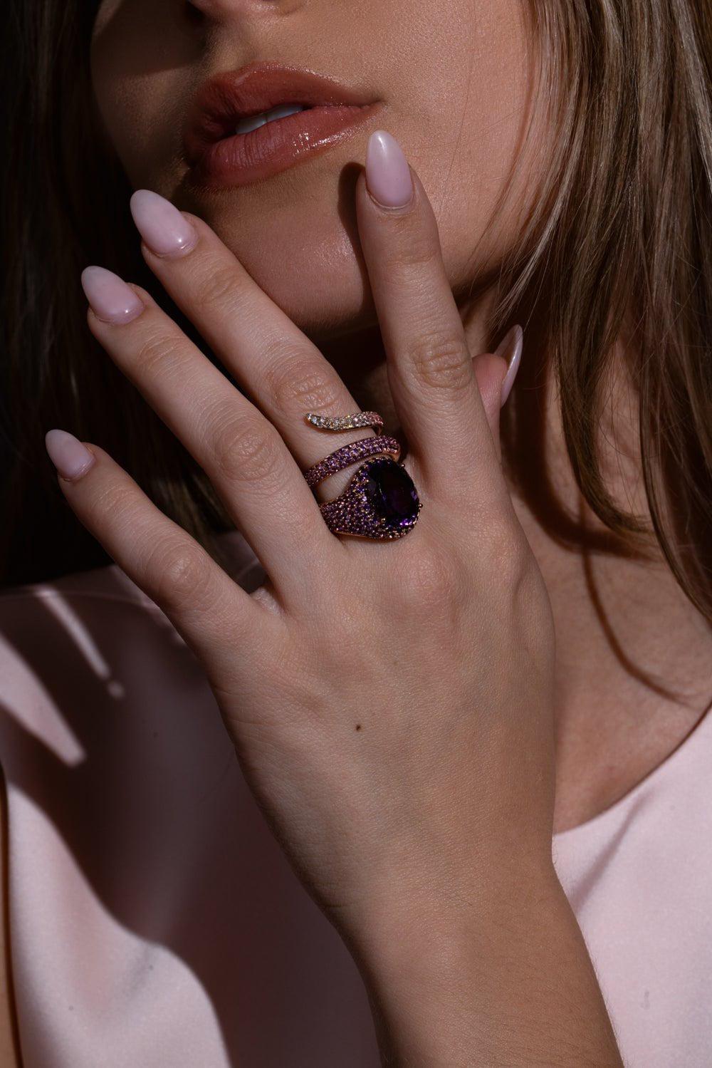 STEFERE-Amethyst Diamond Spiral Ring-ROSE GOLD