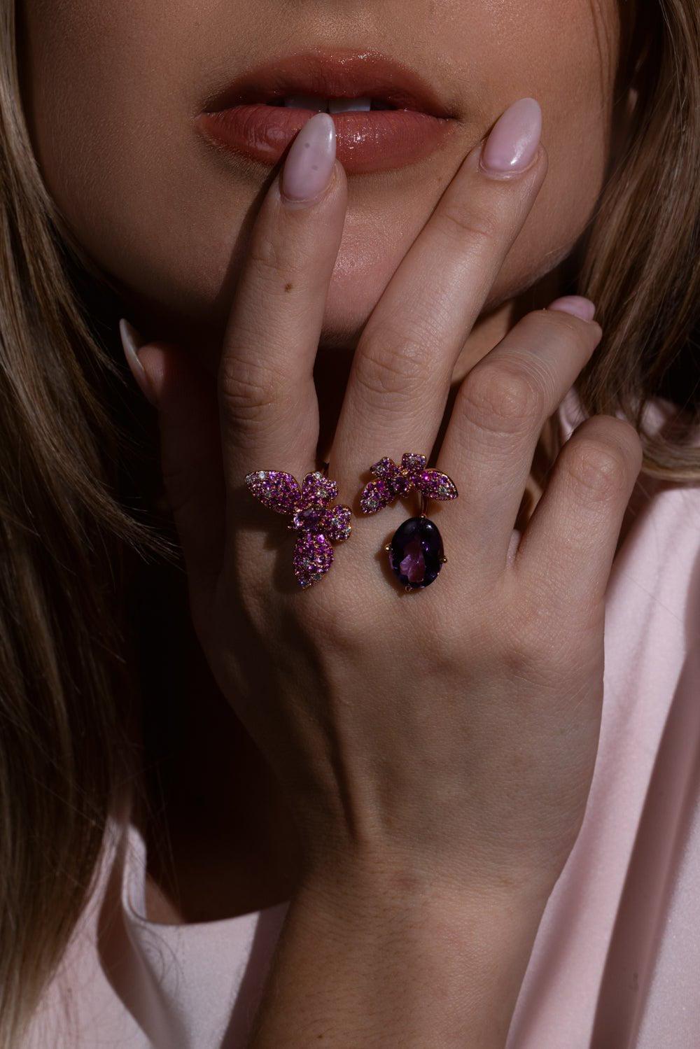 STEFERE-Diamond Amethyst Duo Butterfly Ring-ROSE GOLD