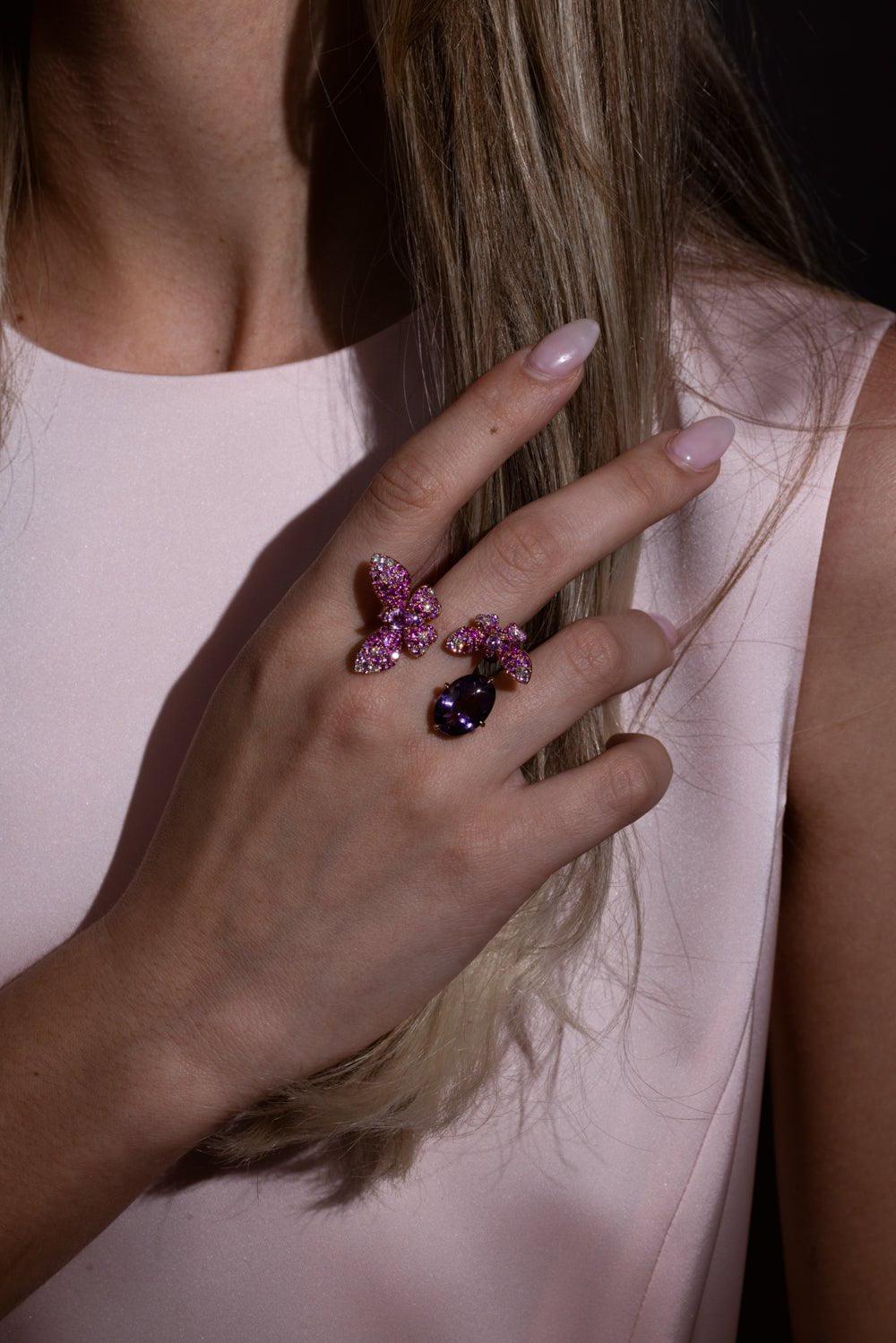 STEFERE-Diamond Amethyst Duo Butterfly Ring-ROSE GOLD