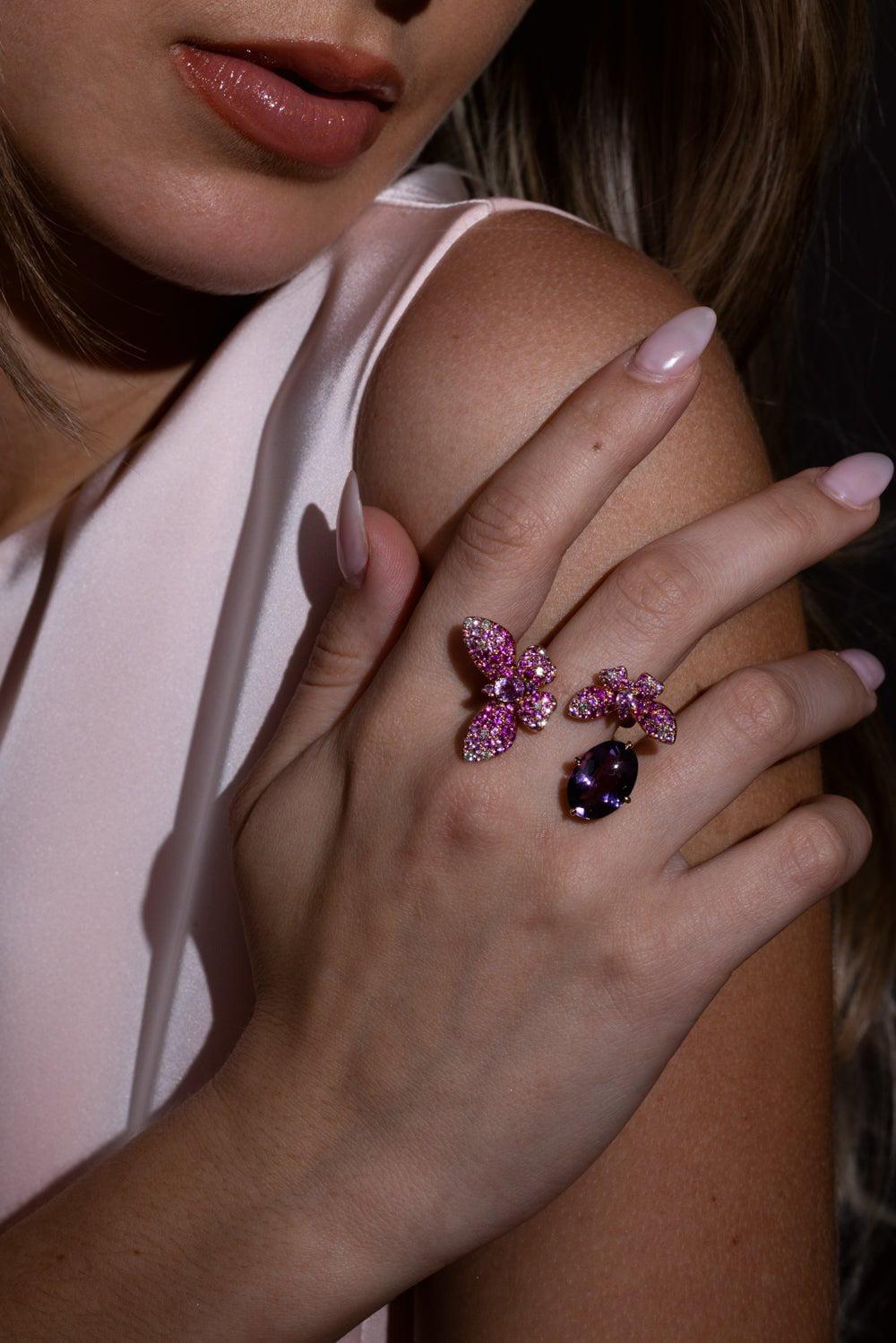 STEFERE-Diamond Amethyst Duo Butterfly Ring-ROSE GOLD