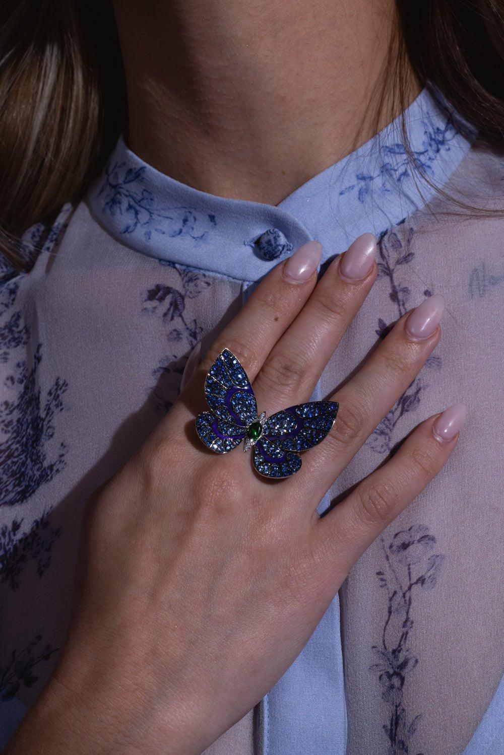STEFERE-Purple Enamel Tsavorite Butterfly Ring-WHITE GOLD