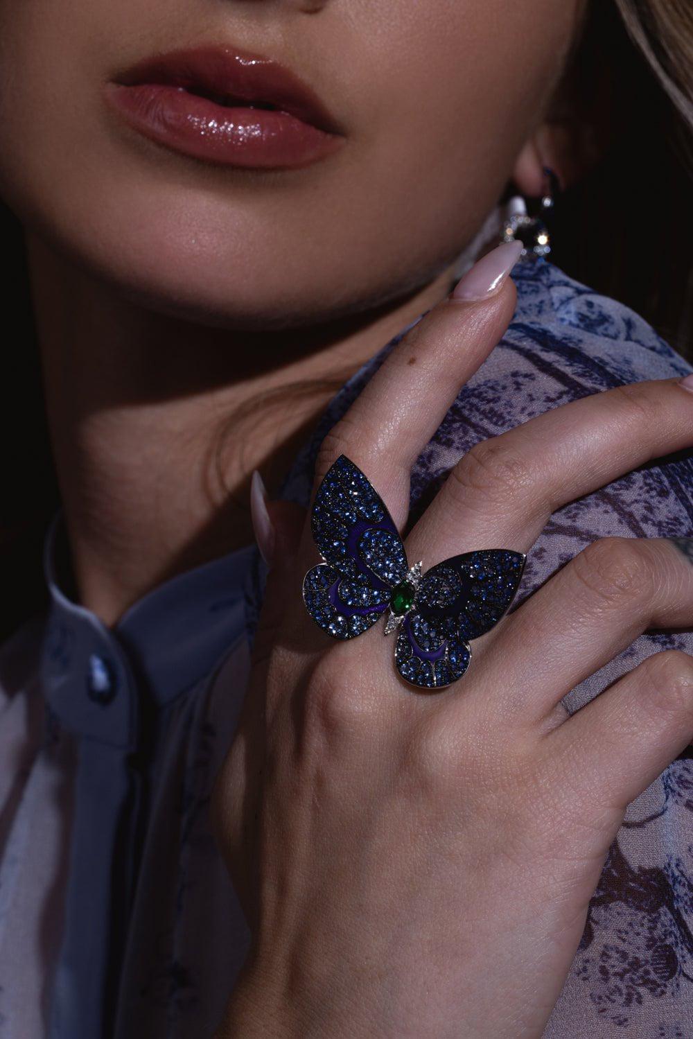 STEFERE-Purple Enamel Tsavorite Butterfly Ring-WHITE GOLD