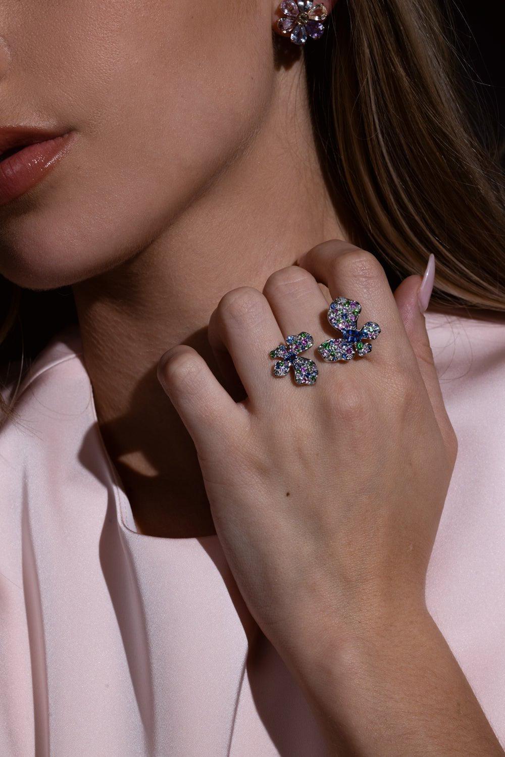 STEFERE-Multi Color Duo Butterfly Ring-WHITE GOLD