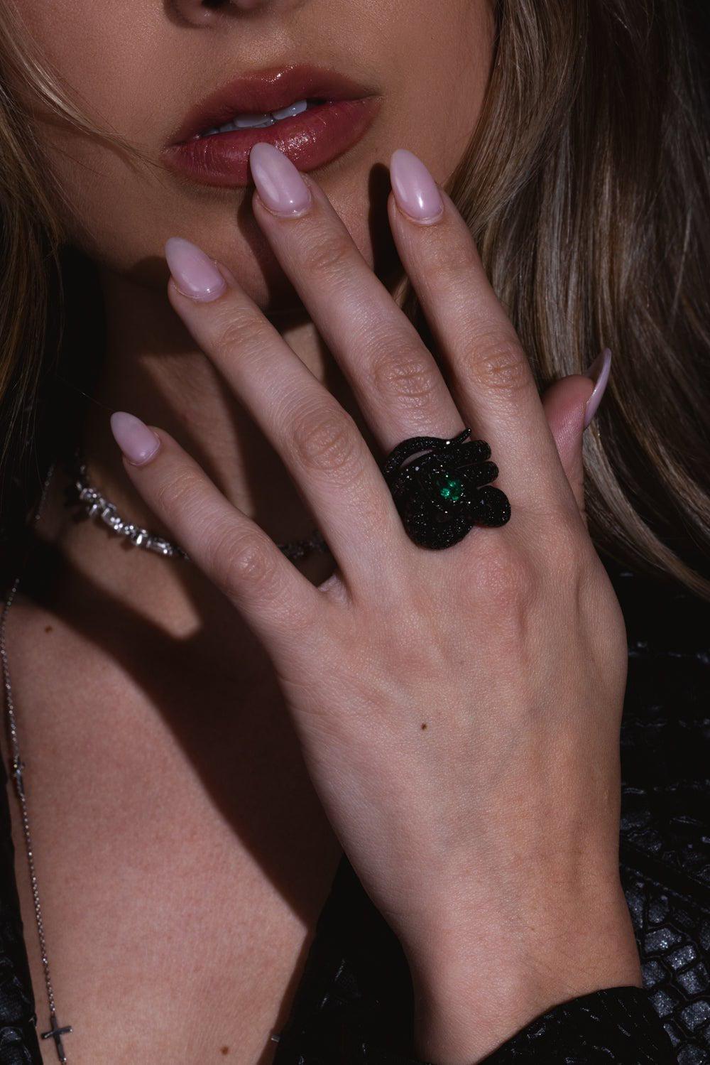 STEFERE-Emerald Diamond Spiral Snake Ring-WHITE GOLD