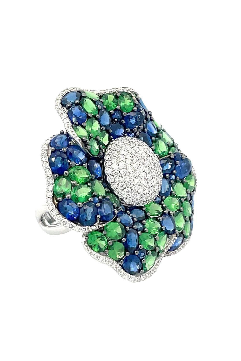 Diamond Tsavorite Flower Ring-WHITE GOLD-7.5-JEWELRYFINE JEWELRING-STEFERE