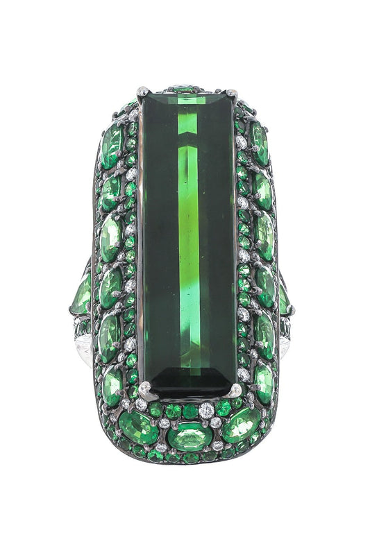 STEFERE-Green Tourmaline Garnet Diamond Ring-WHITE GOLD