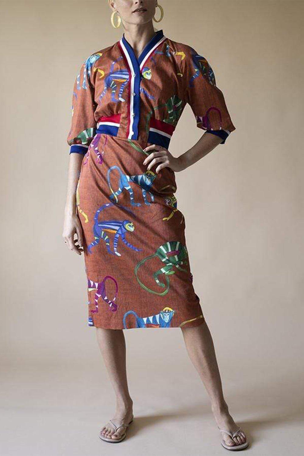 STELLA JEAN-Monkey Print Bomber Dress-BROWN