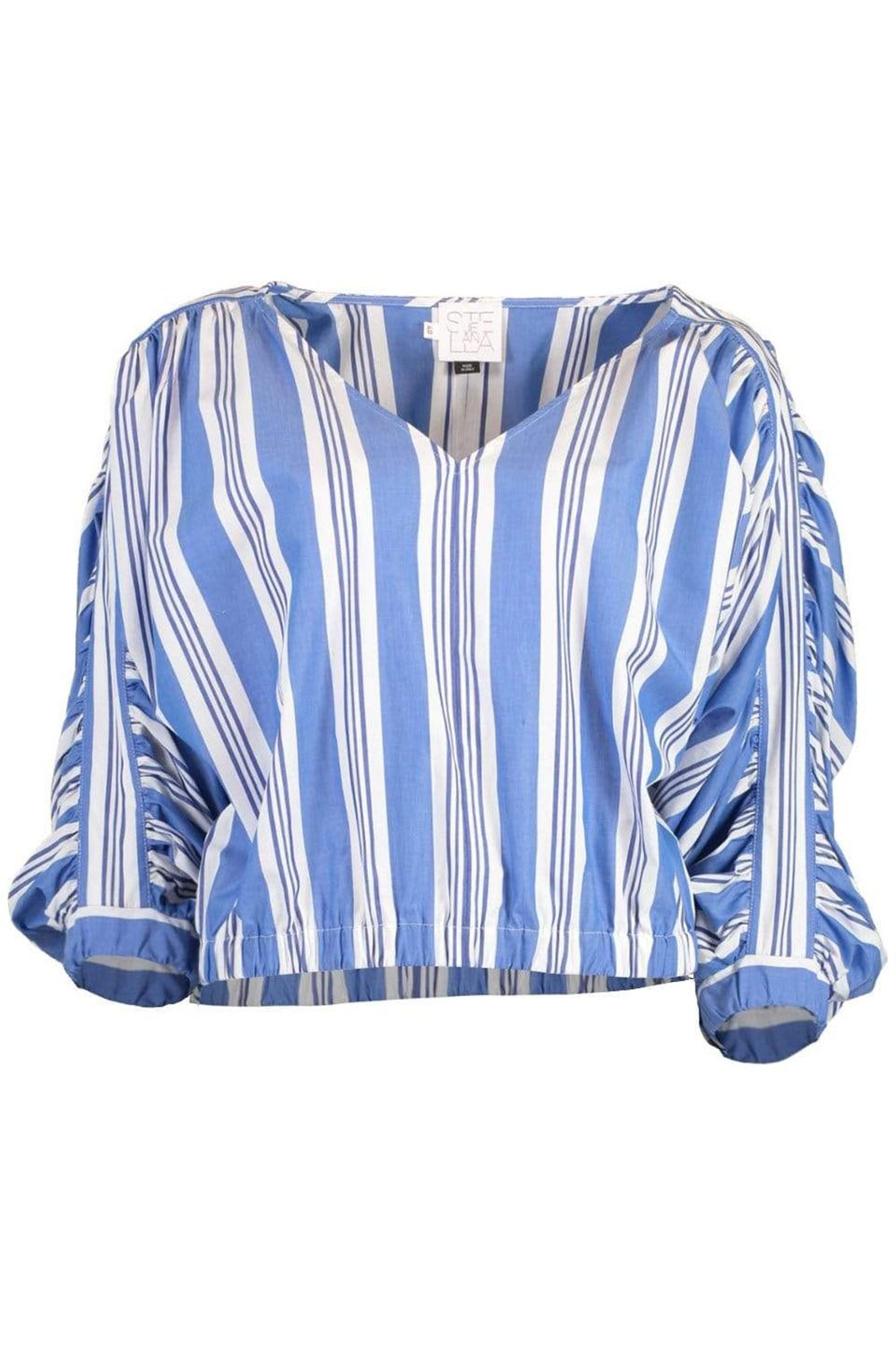 STELLA JEAN-V-Neck Stripe Gathered Sleeve Blouse-WHITE