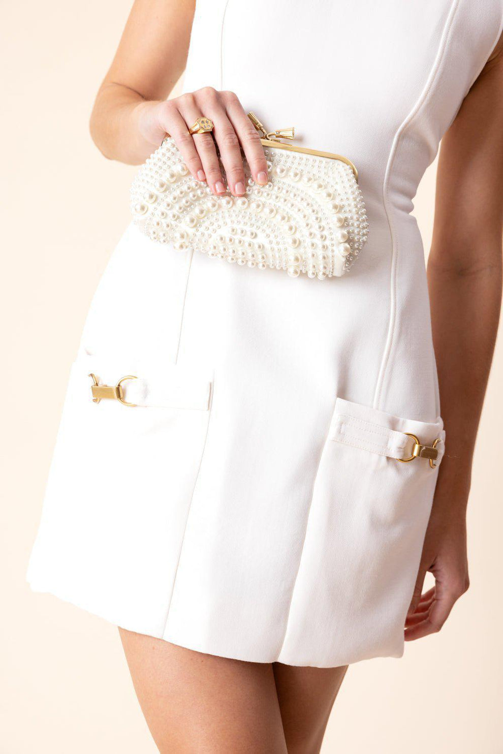 Stella McCartney - Clasp-Embellished Sleeveless Mini Dress, Woman, Cream white, Size: 40 Stella McCartney - Clasp-Embellished Sleeveless Mini Dress, Woman, Cream white, Size: 40