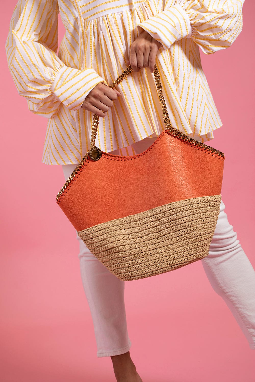 STELLA MCCARTNEY-Large Tote With Half Raffia - Orange-ORANGE