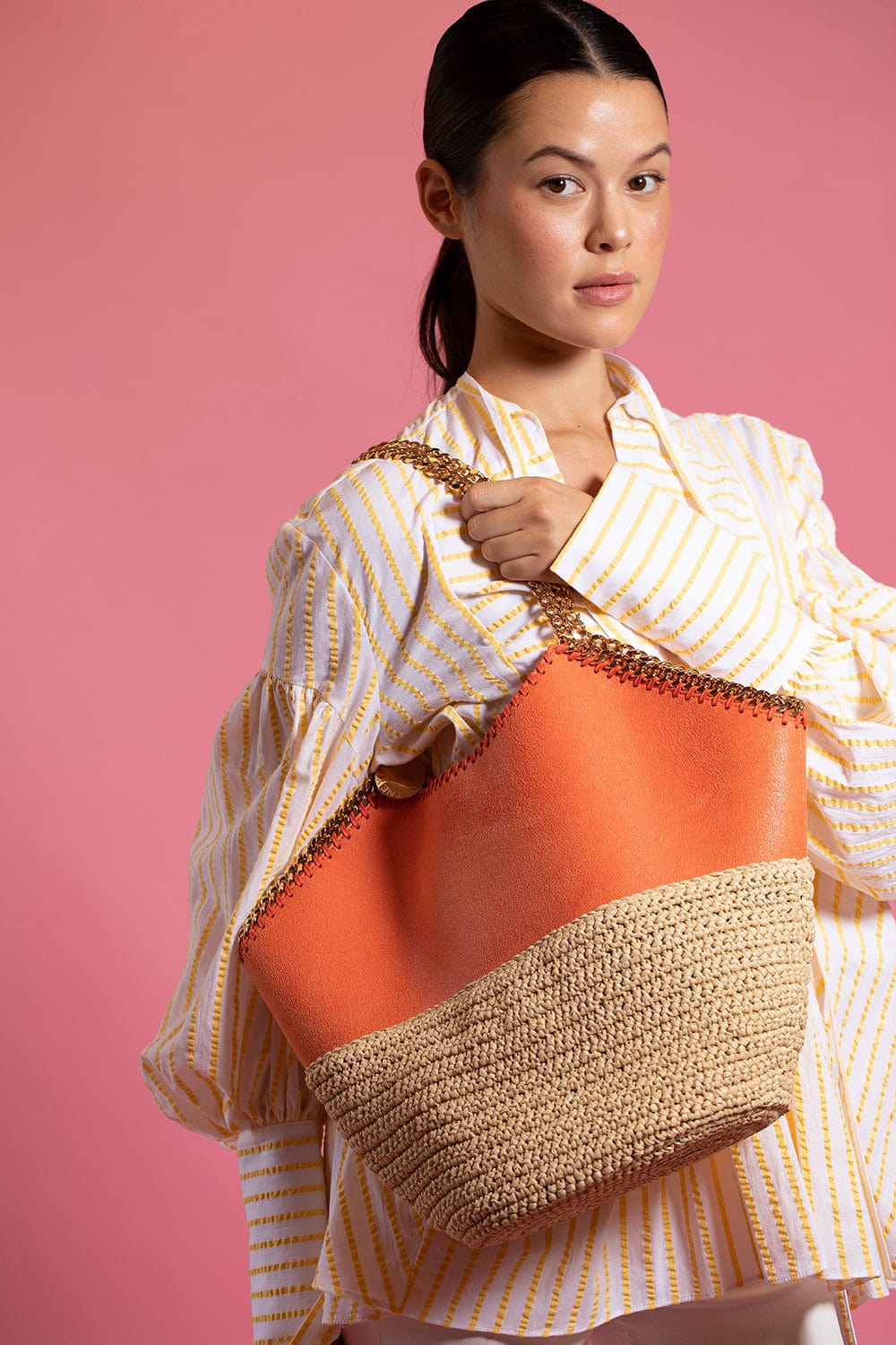 STELLA MCCARTNEY-Large Tote With Half Raffia - Orange-ORANGE