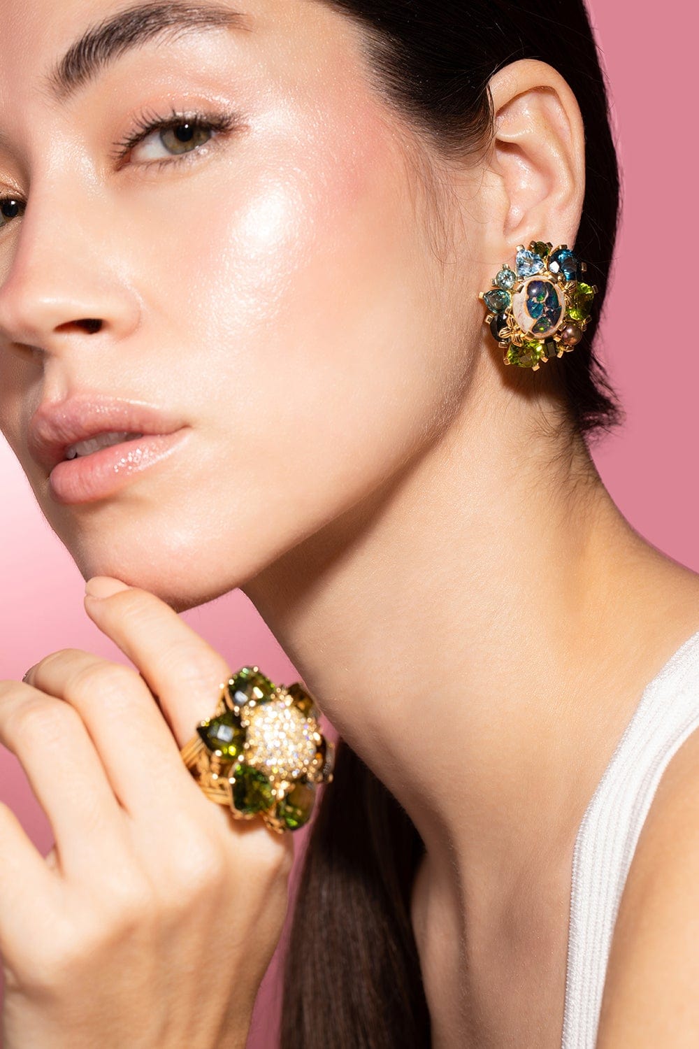 STEPHEN DWECK-Peridot and Blue Topaz Cluster Earrings-YELLOW GOLD