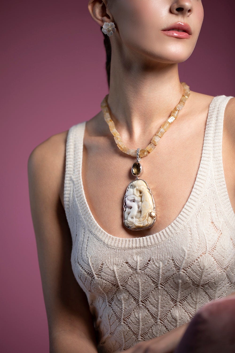 STEPHEN DWECK-Hand Carved Jade and Citrine Necklace-SILVER