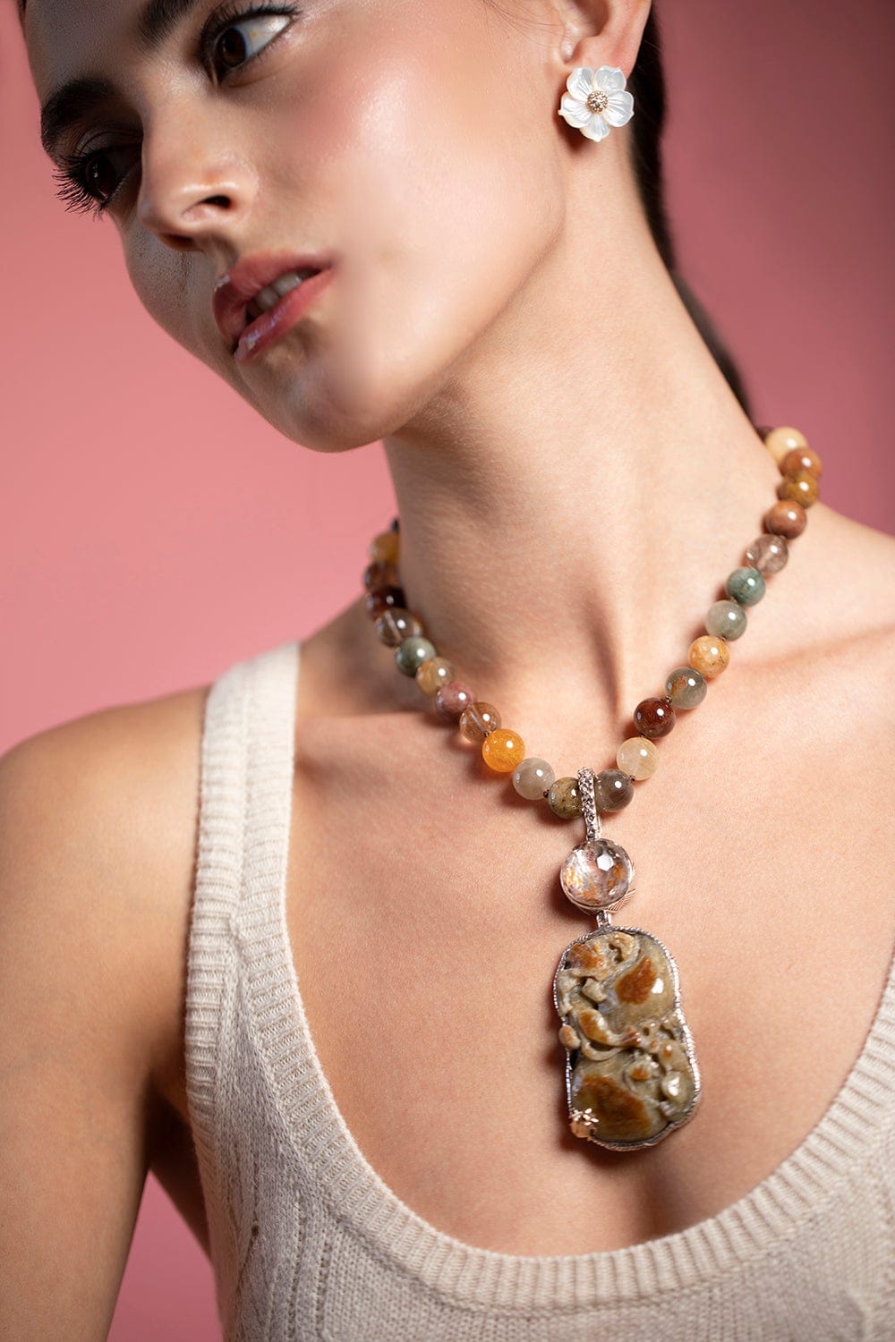 STEPHEN DWECK-Hand Carved Jade and Quartz Necklace-SILVER