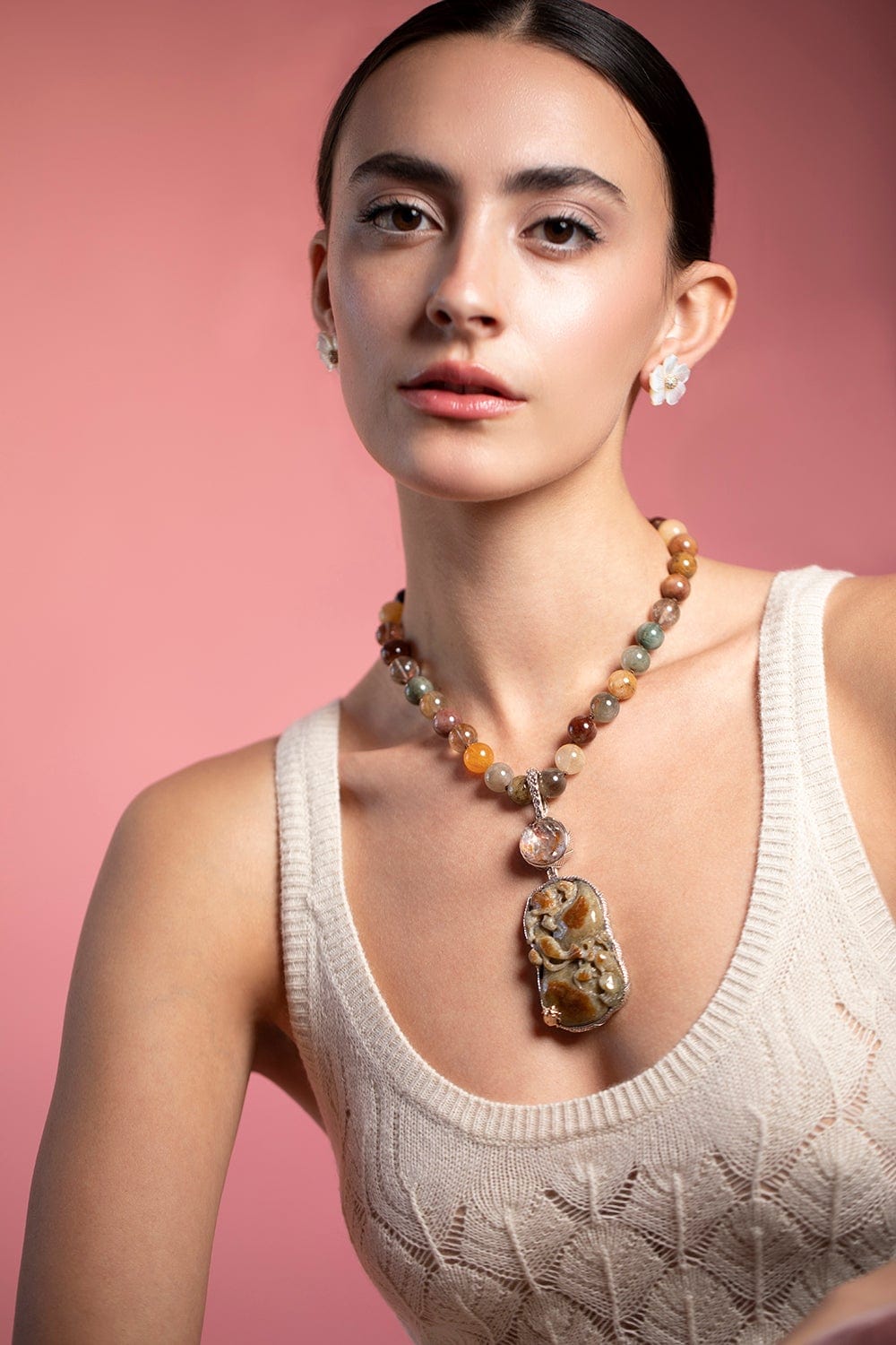 STEPHEN DWECK-Hand Carved Jade and Quartz Necklace-SILVER