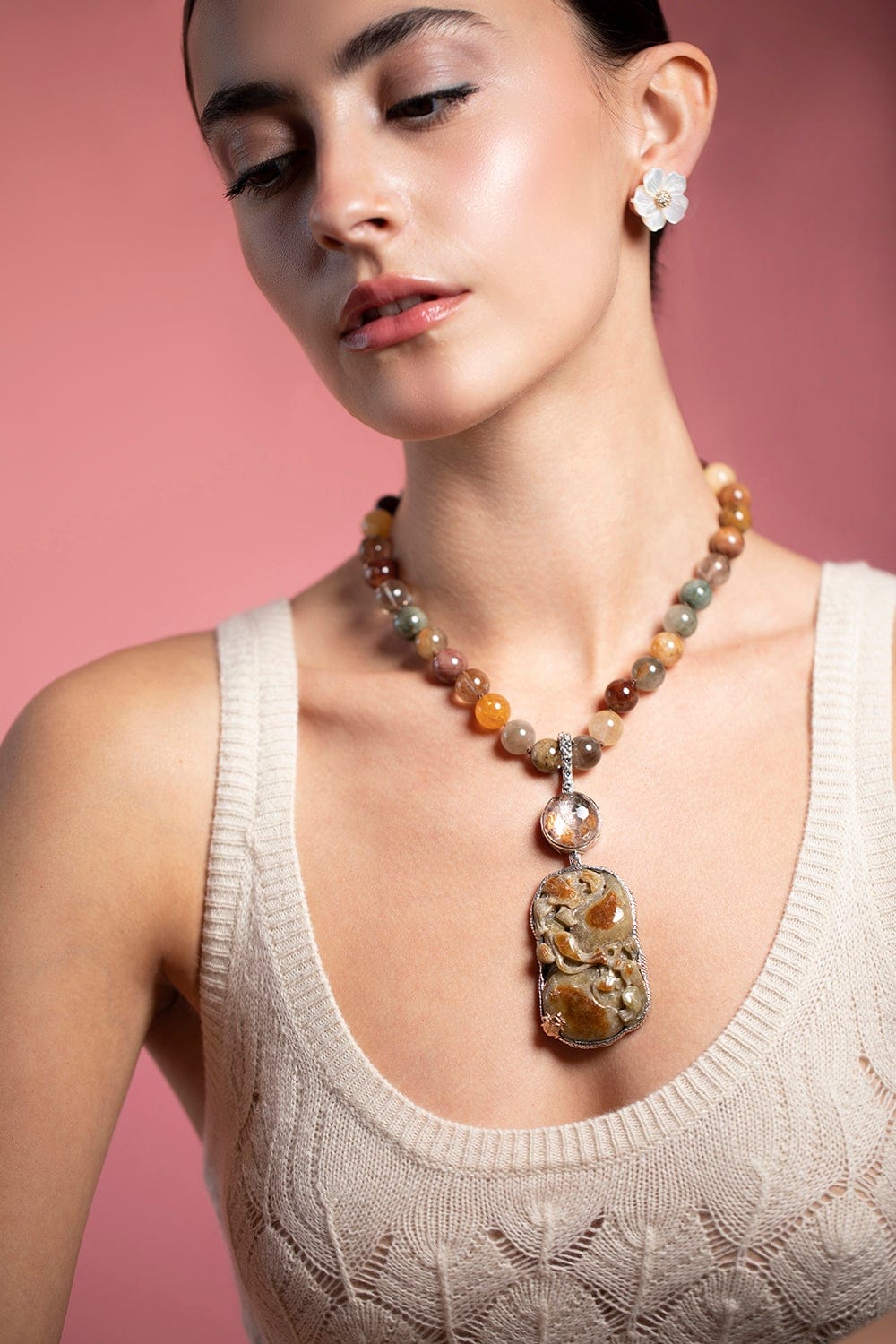 STEPHEN DWECK-Hand Carved Jade and Quartz Necklace-SILVER