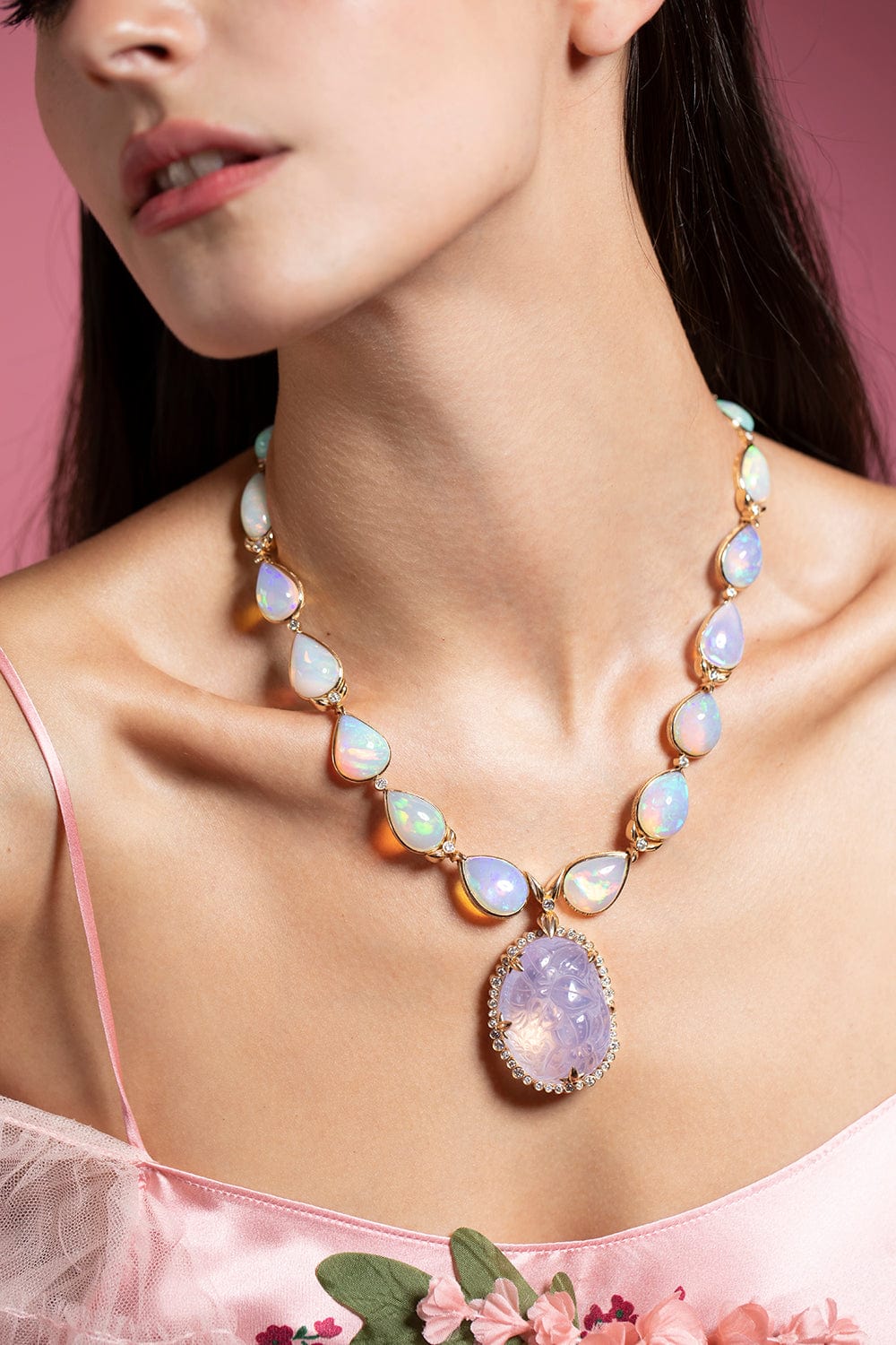 STEPHEN DWECK-Carved Lavender Moon Quartz and Opal Necklace-YELLOW GOLD