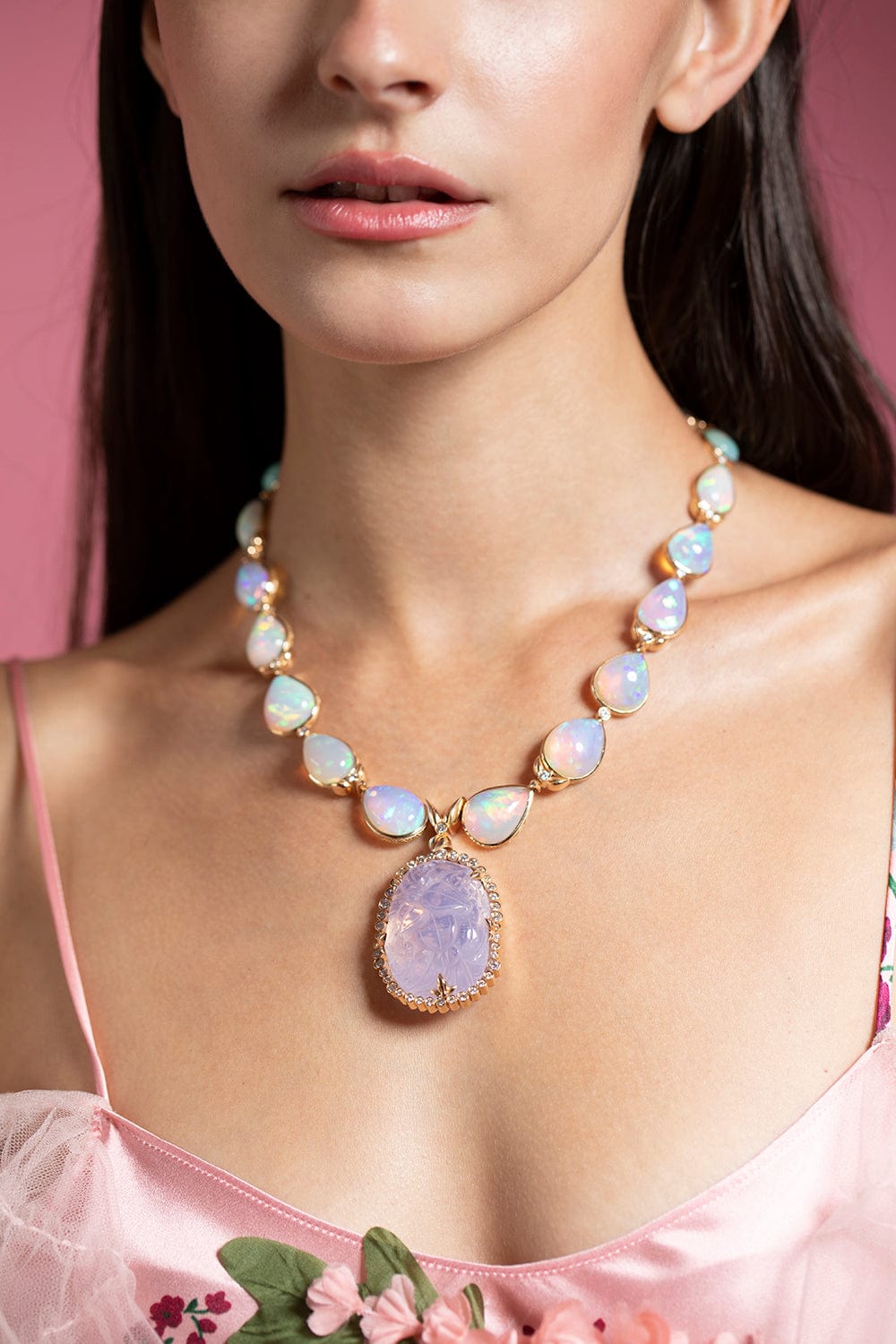 STEPHEN DWECK-Carved Lavender Moon Quartz and Opal Necklace-YELLOW GOLD