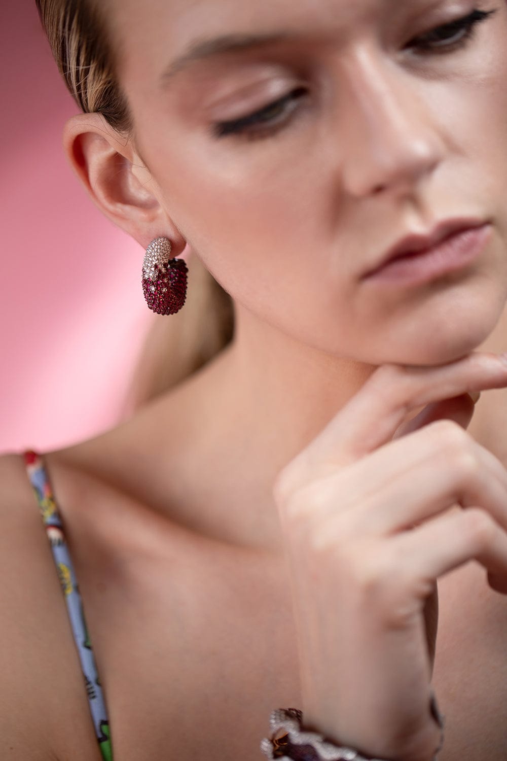 STUDIO REN-Bleeding Tooth Ruby Huggies-ROSE GOLD