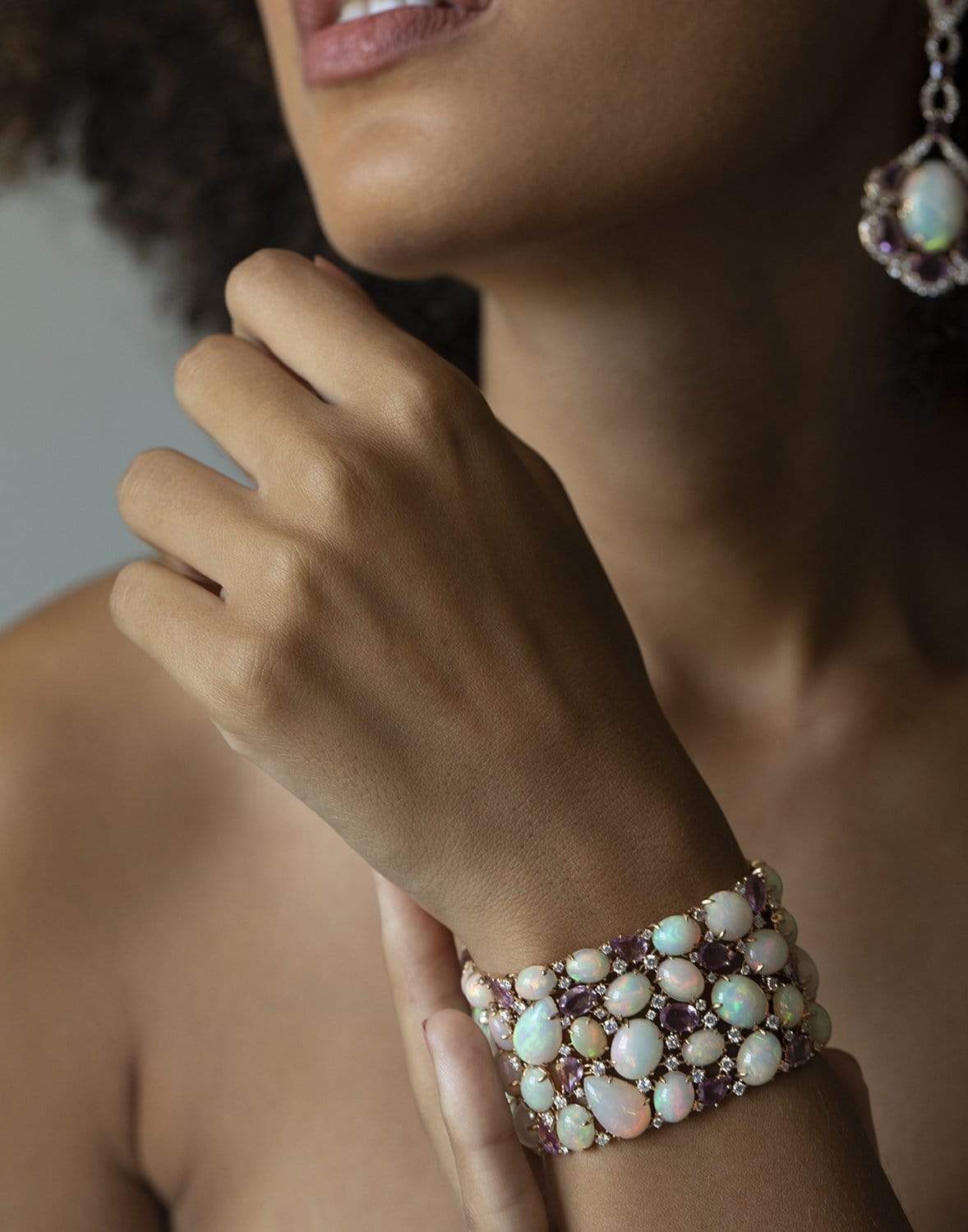 SUTRA-White Opal & Pink Sapphire Wide Bracelet-ROSE GOLD