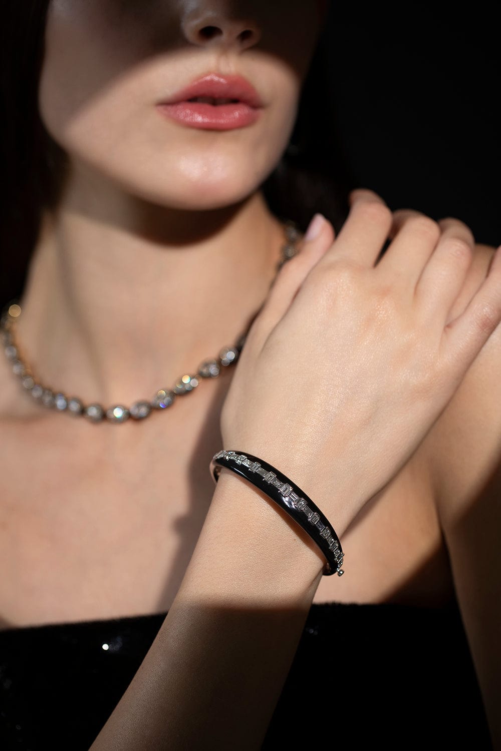 SUTRA-Black Ceramic Diamond Baguette Bracelet-WHITE GOLD
