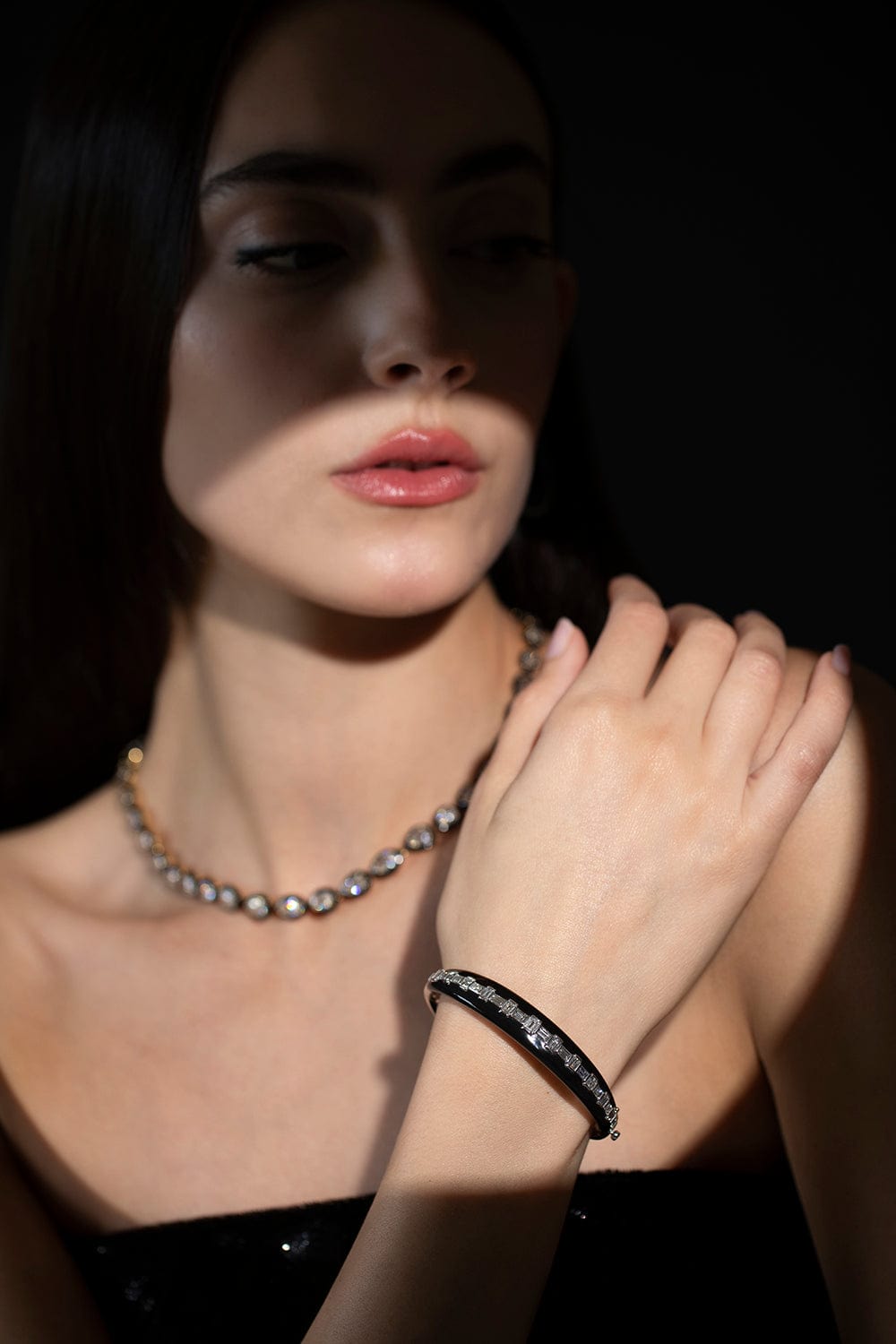 SUTRA-Black Ceramic Diamond Baguette Bracelet-WHITE GOLD