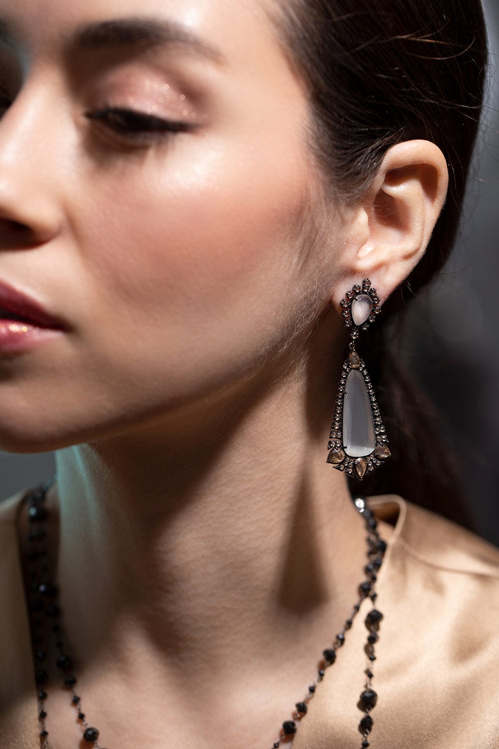 SUTRA-Grey Moonstone Drop Earrings-BLACK GOLD
