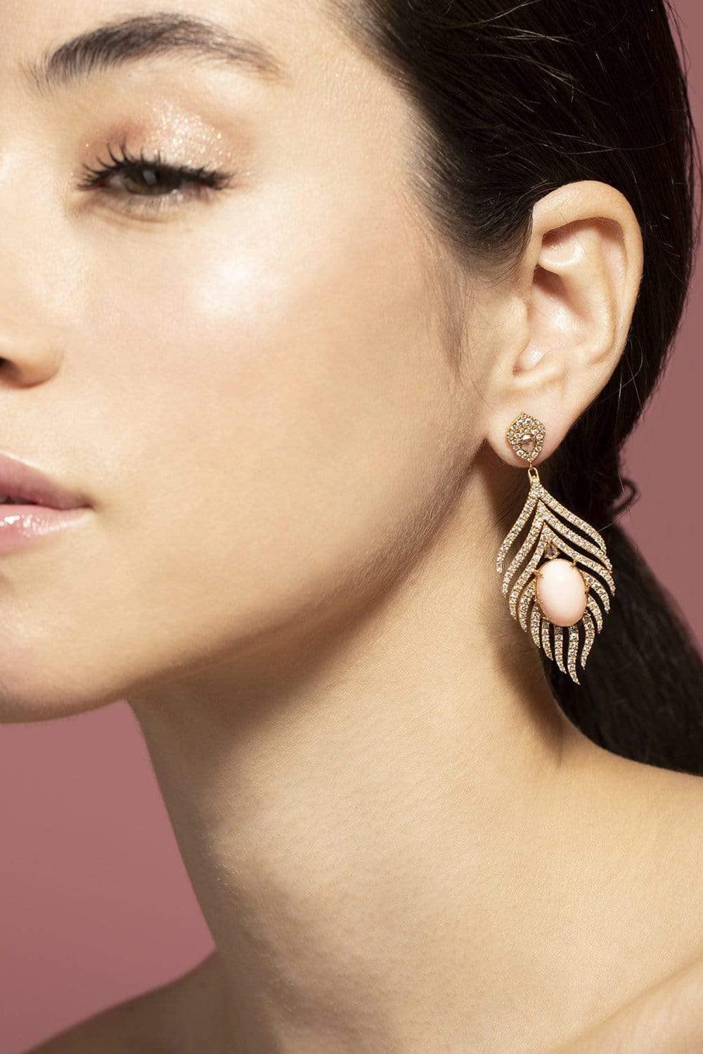 SUTRA-Angel Skin Coral and Diamond Feather Earrings-ROSE GOLD