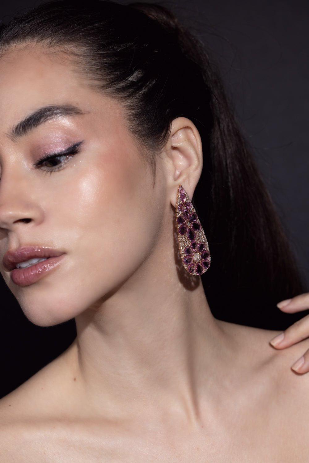SUTRA-Pink Sapphire Flower Earrings-ROSE GOLD