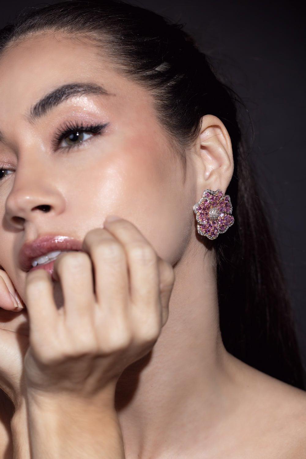 SUTRA-Pink Sapphire Flower Outline Earrings-ROSE GOLD