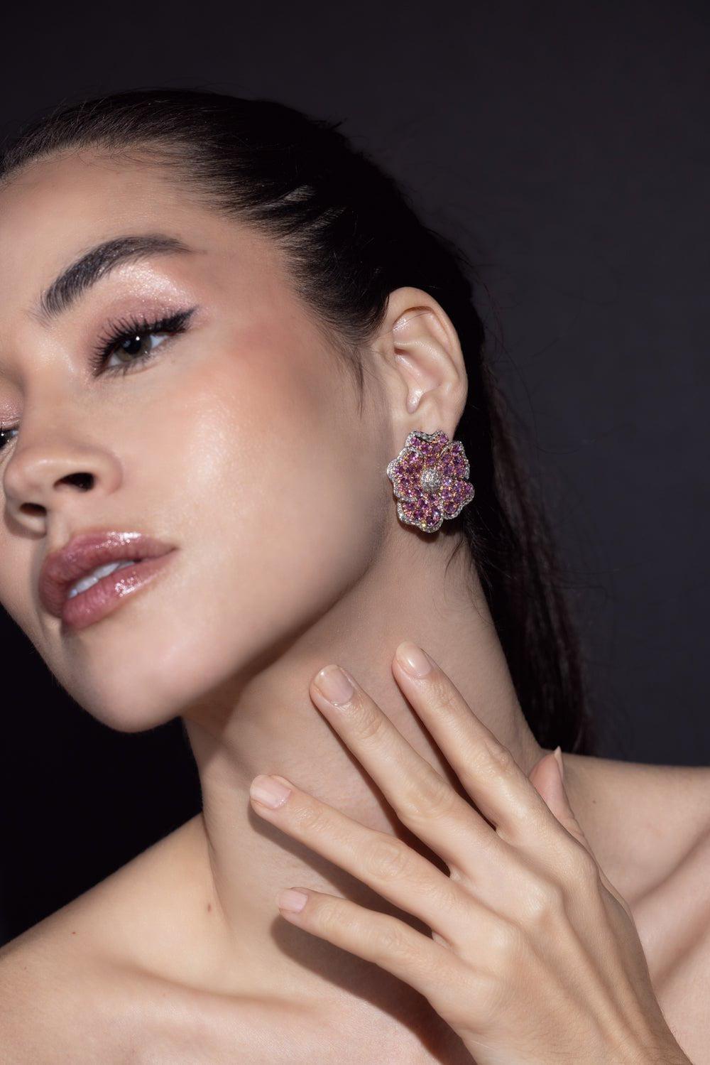SUTRA-Pink Sapphire Flower Outline Earrings-ROSE GOLD