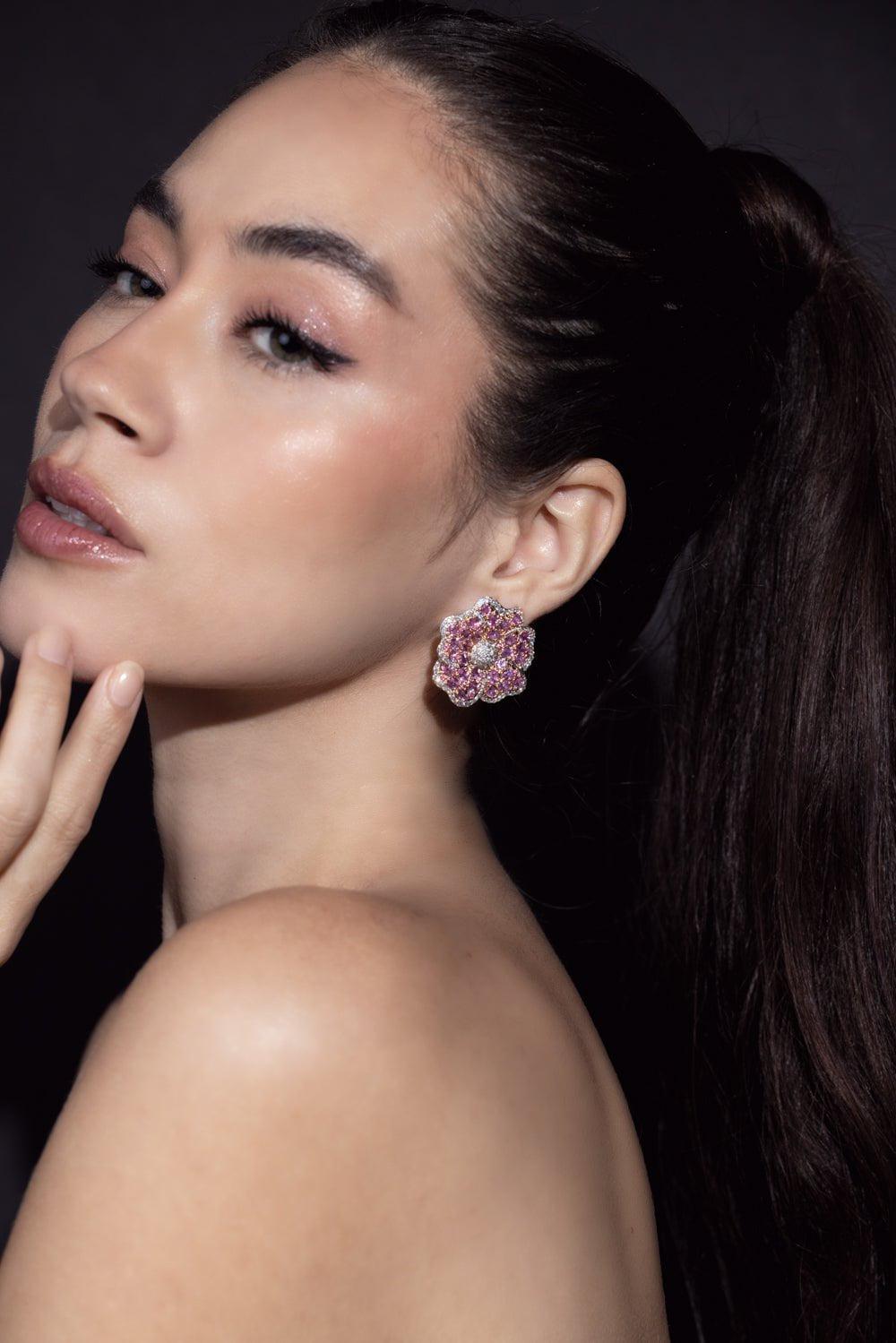 SUTRA-Pink Sapphire Flower Outline Earrings-ROSE GOLD