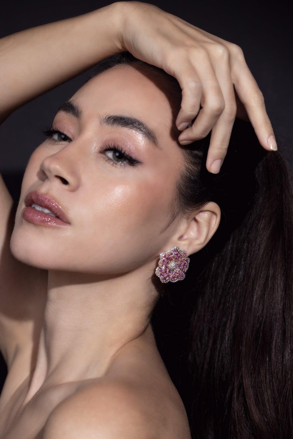 SUTRA-Pink Sapphire Flower Outline Earrings-ROSE GOLD