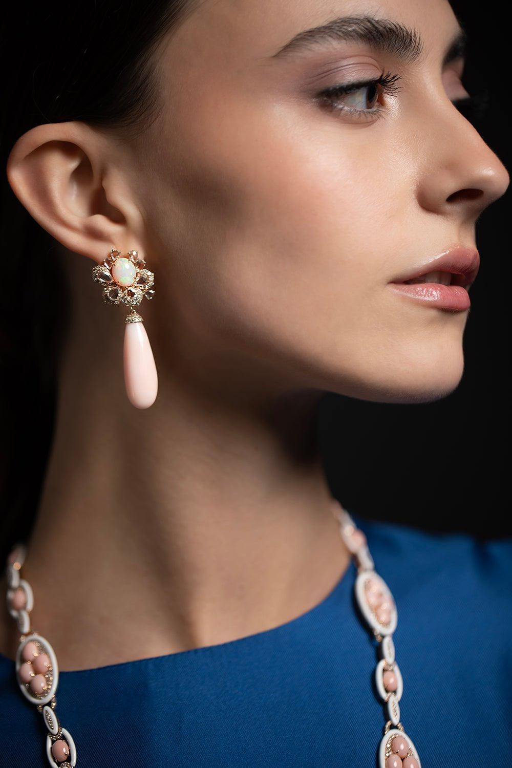 SUTRA-Pink White Opal Diamond Earrings-ROSE GOLD