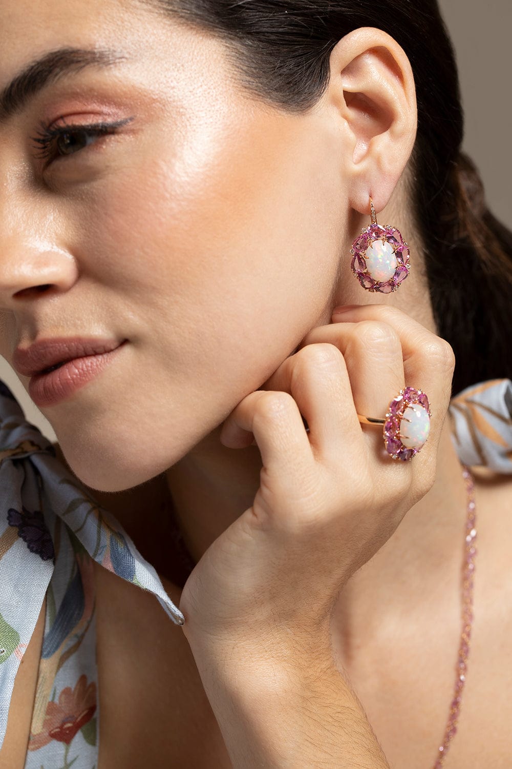 SUTRA-White Opal Pink Sapphire Earrings-ROSE GOLD