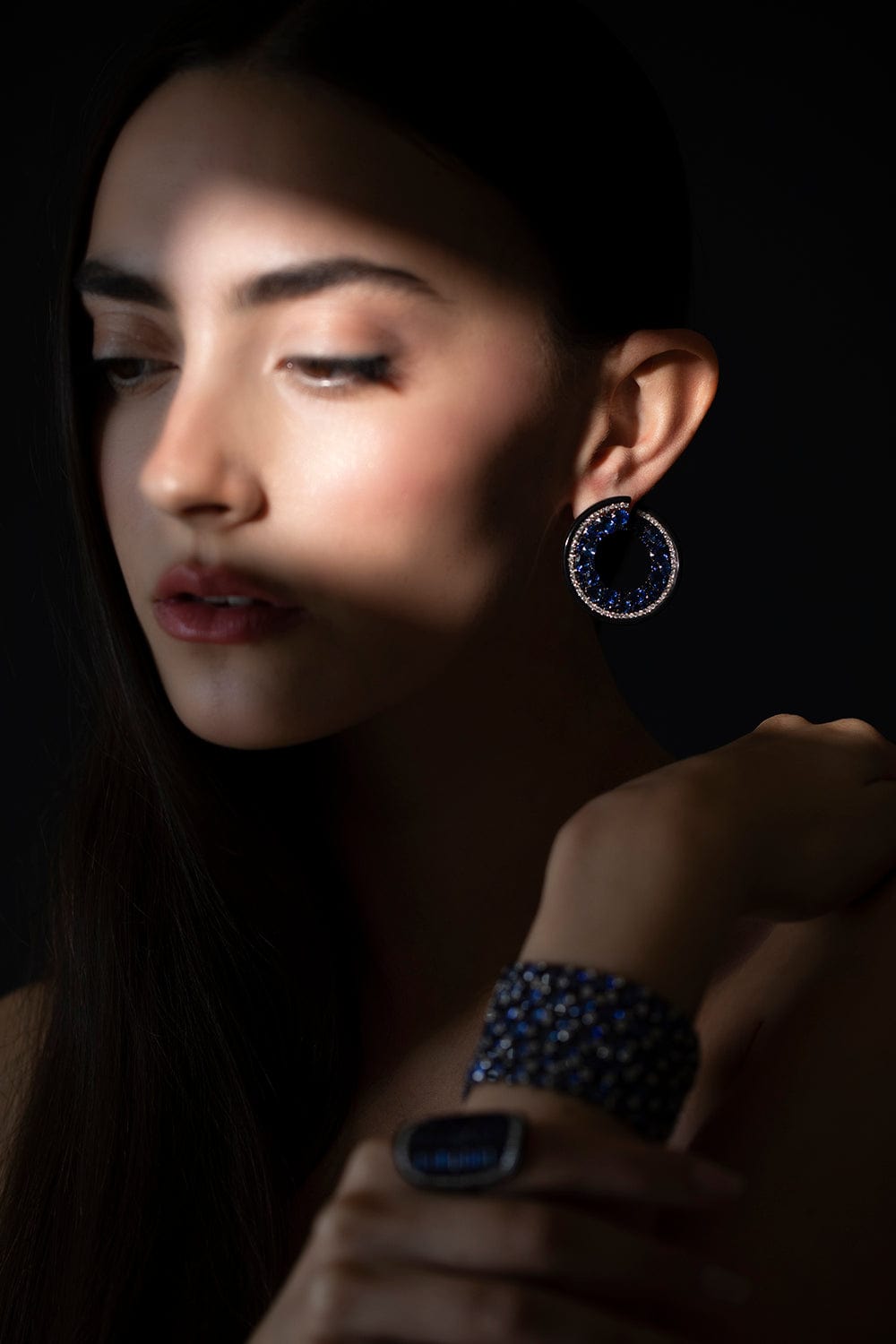 SUTRA-Black Ceramic Blue Sapphire Earrings-WHITE GOLD