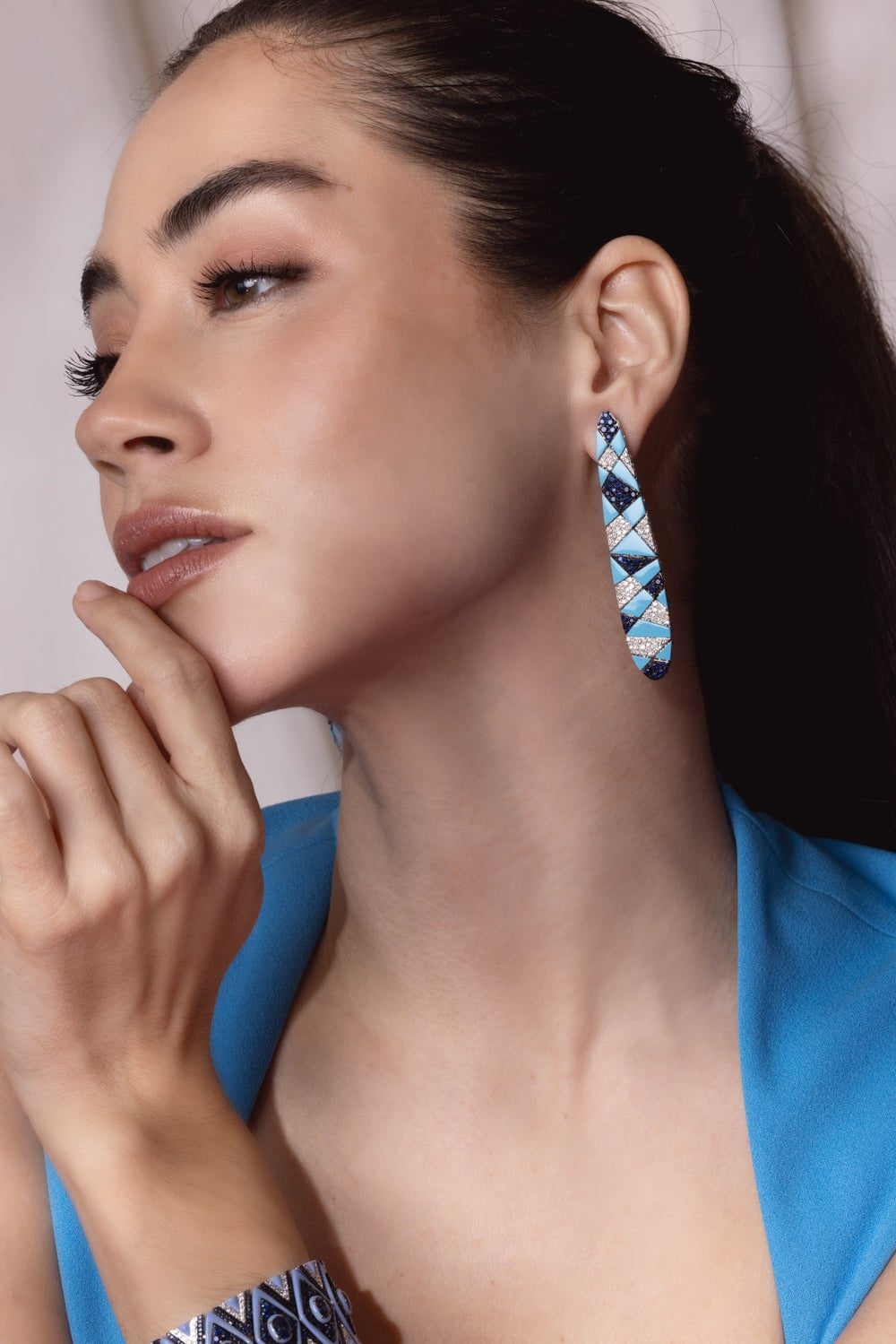 SUTRA-Blue Sapphire Ceramic Earrings-WHITE GOLD