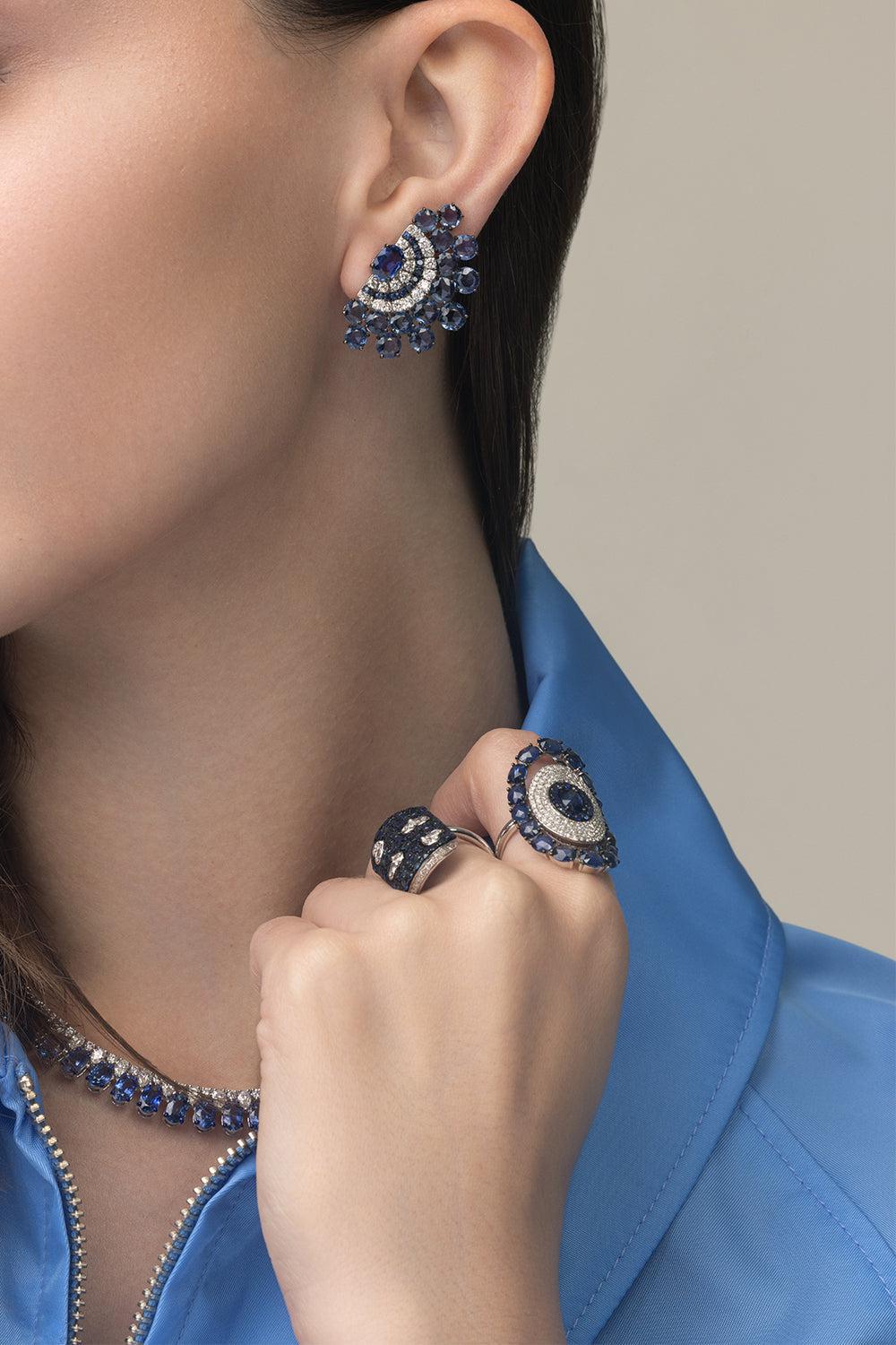 Blue Sapphire Fan Earrings-WHITE GOLD-JEWELRYFINE JEWELEARRING-SUTRA