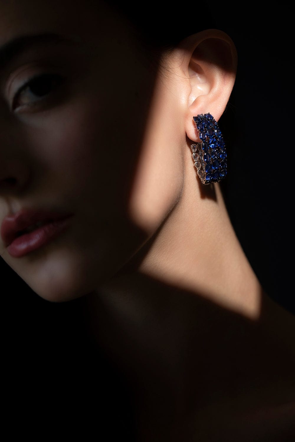 SUTRA-Blue Sapphire Hoop Earrings-WHITE GOLD
