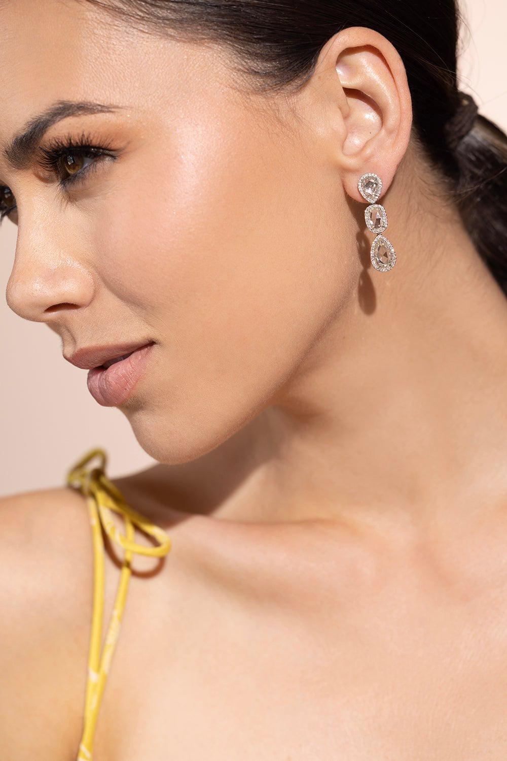 SUTRA-Rose Cut 3 Drop Diamond Earrings-WHITE GOLD