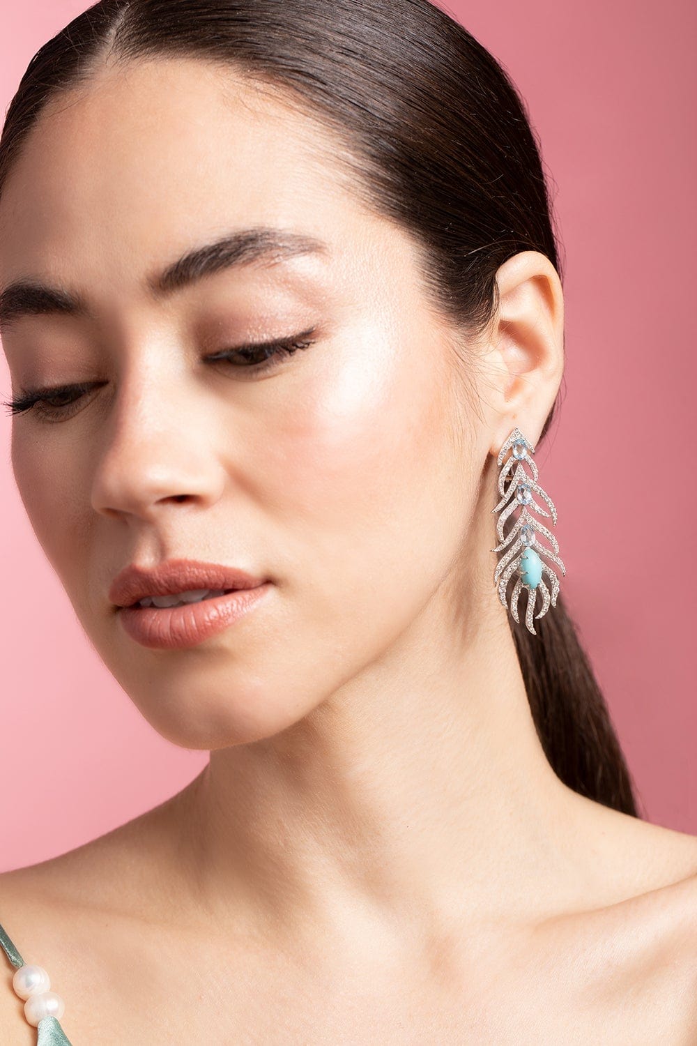 SUTRA-Turquoise and Sky Topaz Feather Earrings-WHITE GOLD