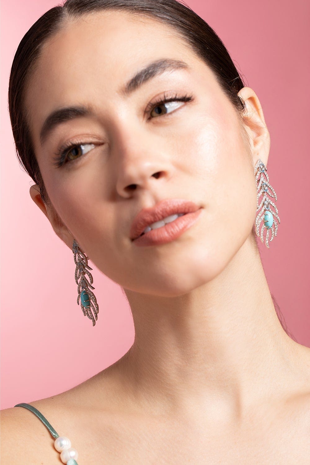 SUTRA-Turquoise and Sky Topaz Feather Earrings-WHITE GOLD