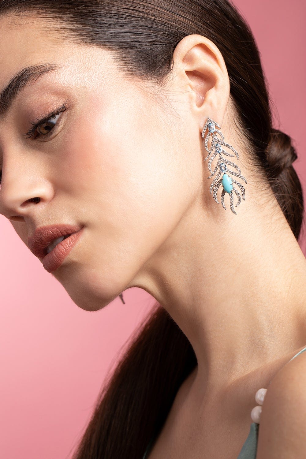 SUTRA-Turquoise and Sky Topaz Feather Earrings-WHITE GOLD