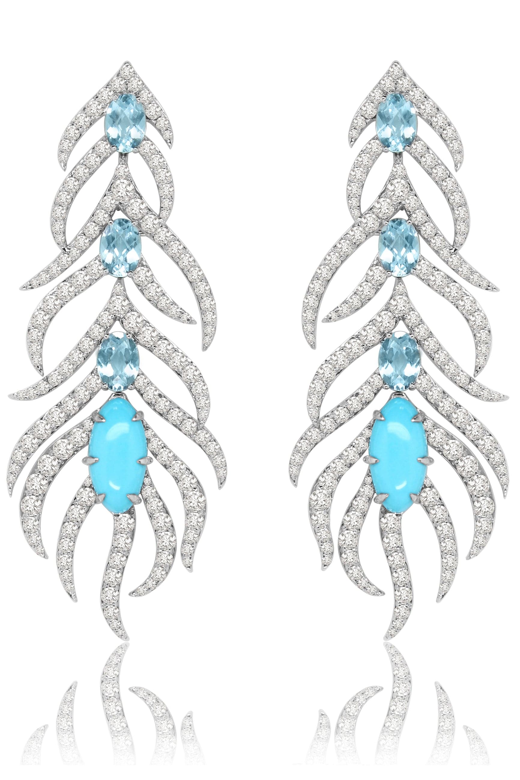SUTRA-Turquoise and Sky Topaz Feather Earrings-WHITE GOLD