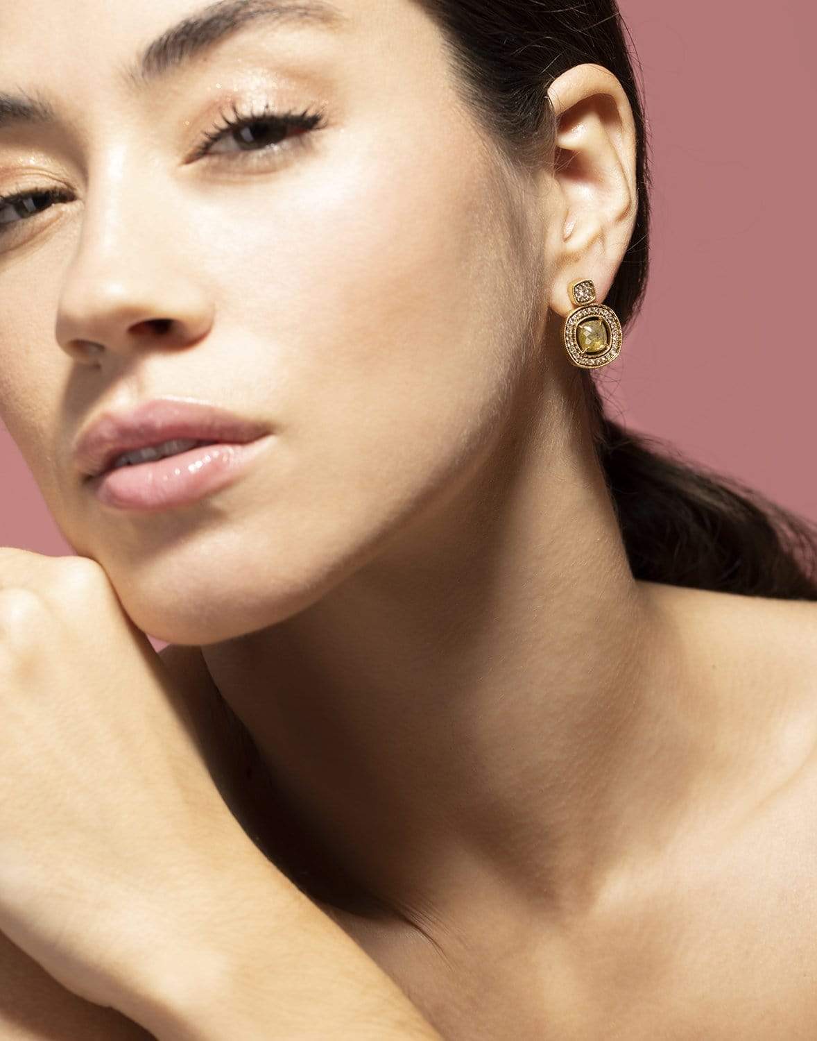 SUTRA-Diamond Button Drop Earrings-YELLOW GOLD