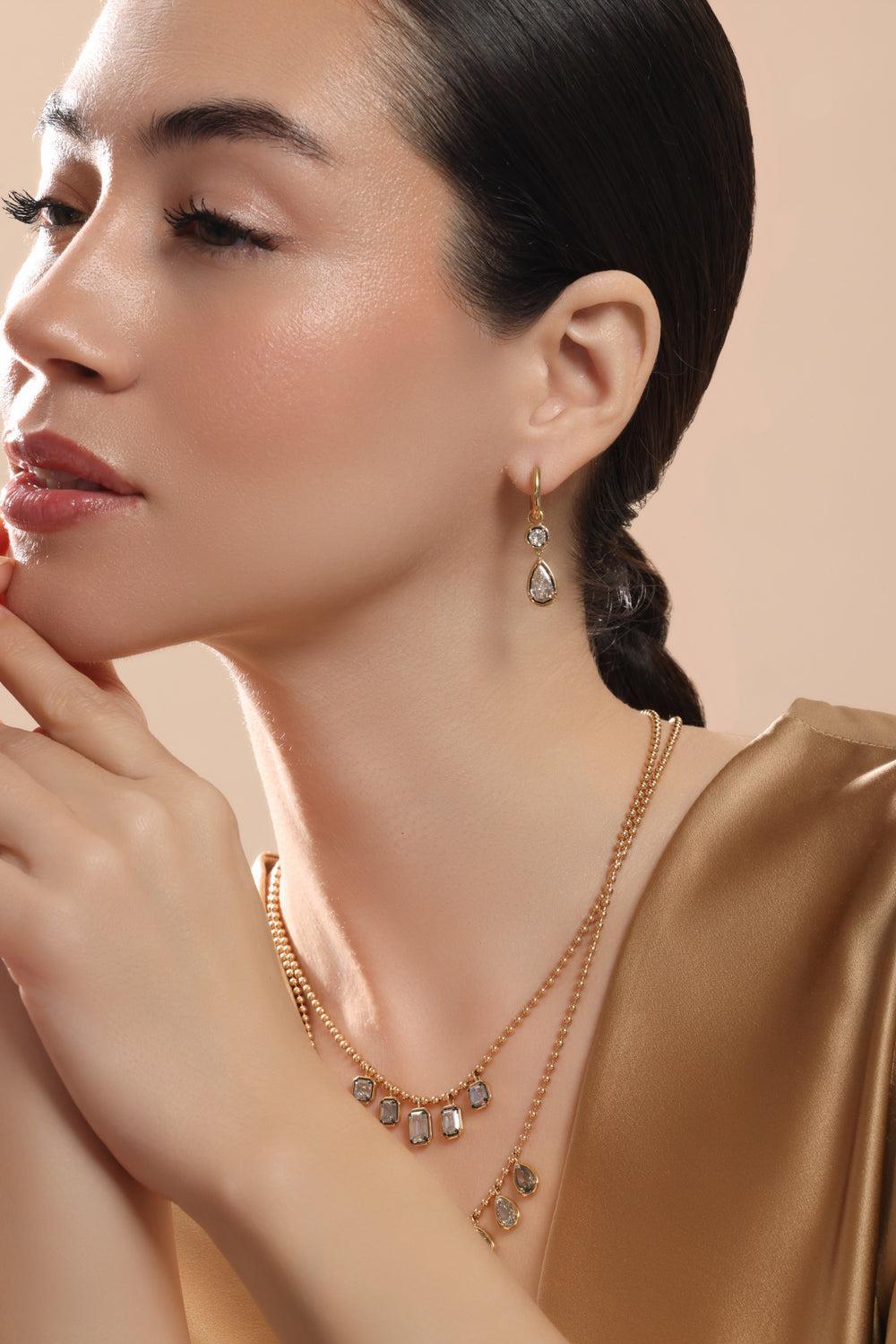 Diamond Two Drop Earrings-YELLOW GOLD-JEWELRYFINE JEWELEARRING-SUTRA