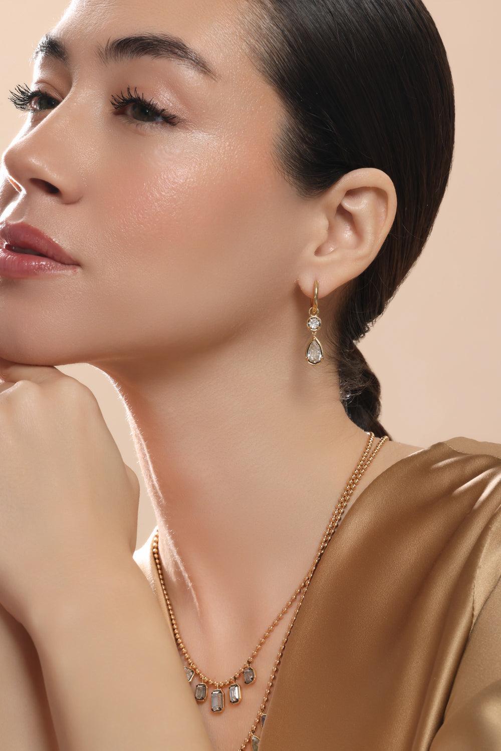 Diamond Two Drop Earrings-YELLOW GOLD-JEWELRYFINE JEWELEARRING-SUTRA