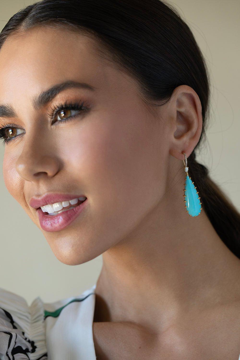 SUTRA-Elongated Turquoise Diamond Earrings-YELLOW GOLD