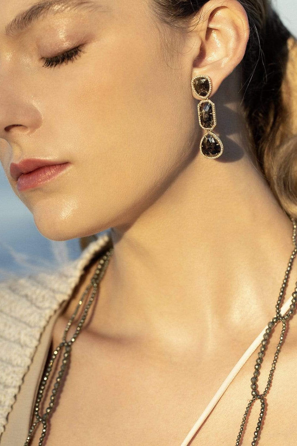 SUTRA-Triple Rough Cut Diamond Drop Earrings-YELLOW GOLD