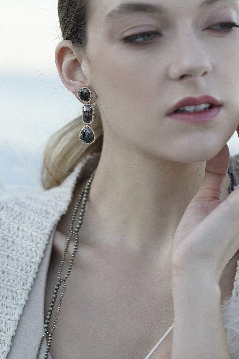 SUTRA-Triple Rough Cut Diamond Drop Earrings-YELLOW GOLD